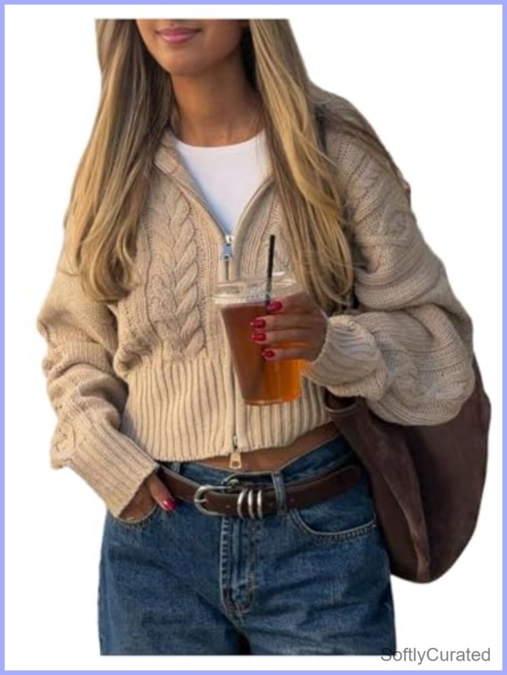 Cable Knit Cropped Zip Up Hooded Cardigan Sweater Oversized Y2K